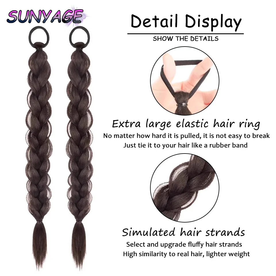 Sunyage Synthetisch Gevlochten Paardenstaart Haarverlenging Met Rubberen Band Boksvlechten Voor Vrouwen Haaraccessoires 24Inch Lang Zwart Br