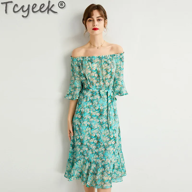 

Tcyeek 100% Real Mulberry Silk Dress 2024 Women's Midi Dress Lace-up Summer Dress French Elegant Dresses for Women Clothes New