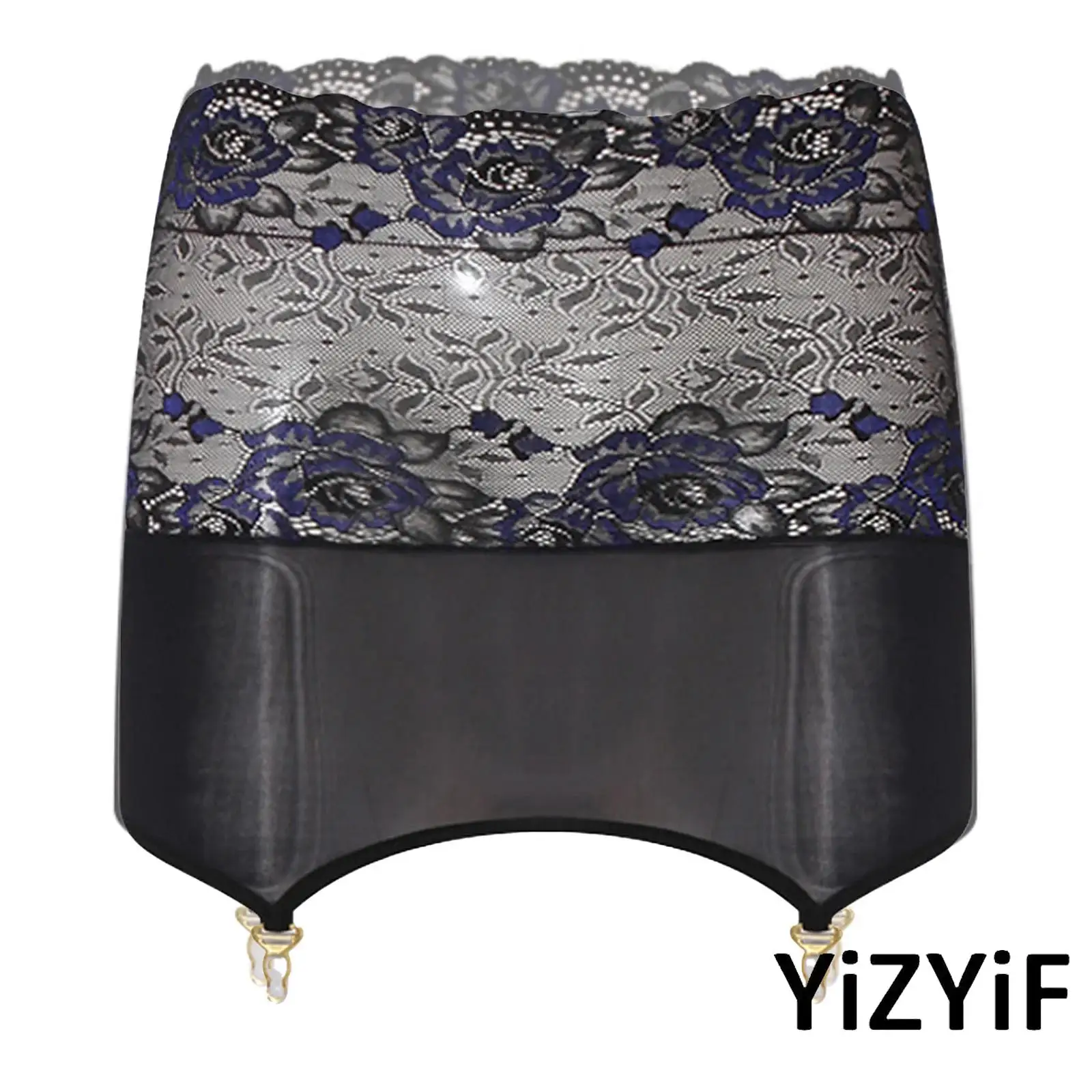 

Womens Glossy Floral Lace Trims High Waist Miniskirt Stockings Holders Lingerie Bodycon Skirt with Clips Garter Suspenders Belts