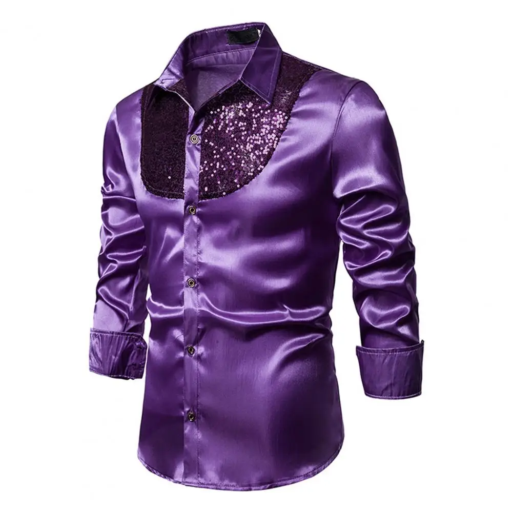 Men Retro Glossy Shirt Lapel Button-up Shirt with Sequins Stylish Cotton Blend Formal Shirt for Disco Bars Nightclubs Parties