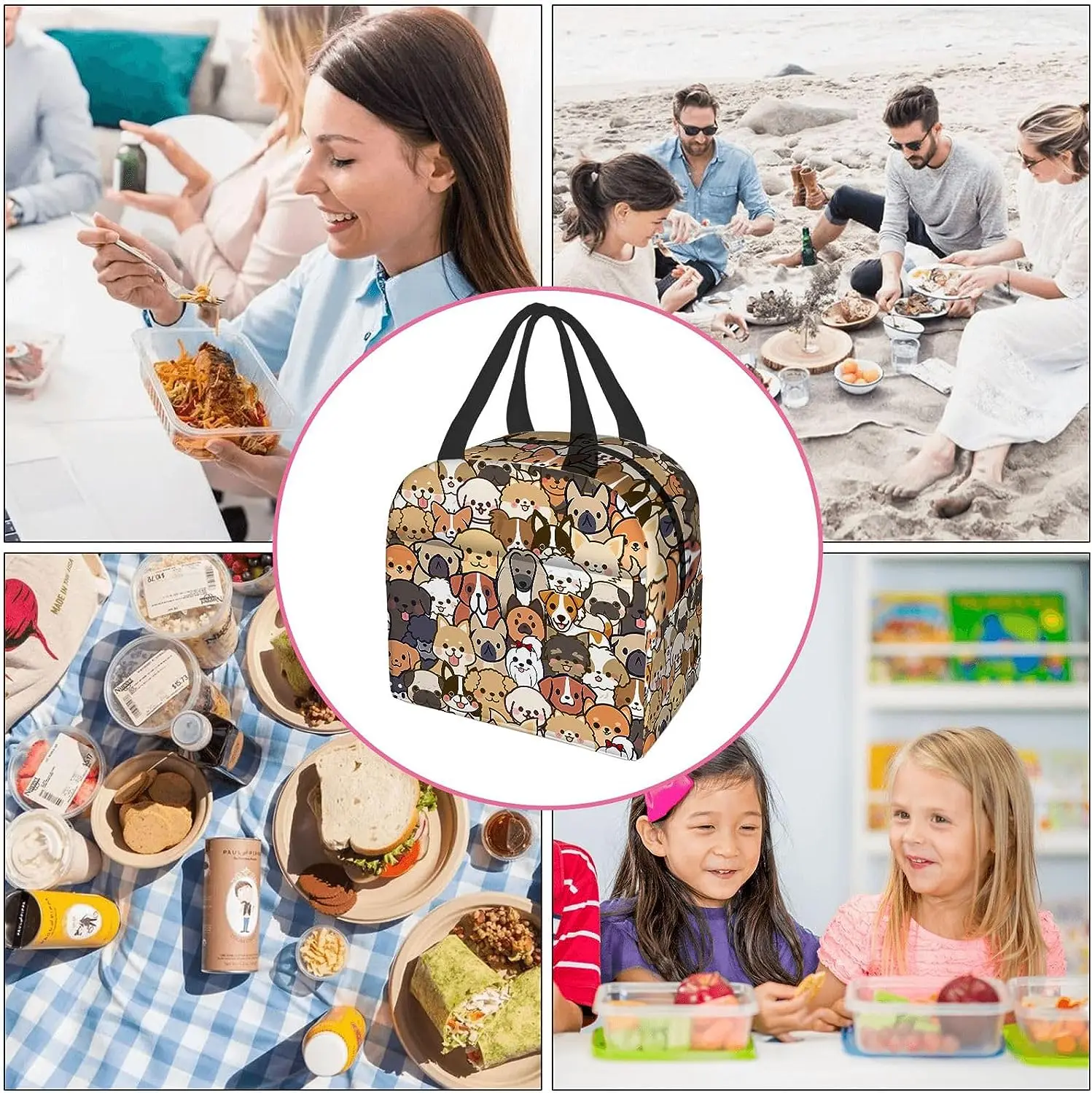 Bolsa de almuerzo con estampado de animales para mujer, bolso de mano compacto, monedero reutilizable, lindo, Kawaii, cachorro, Picnic, playa, trabajo de oficina