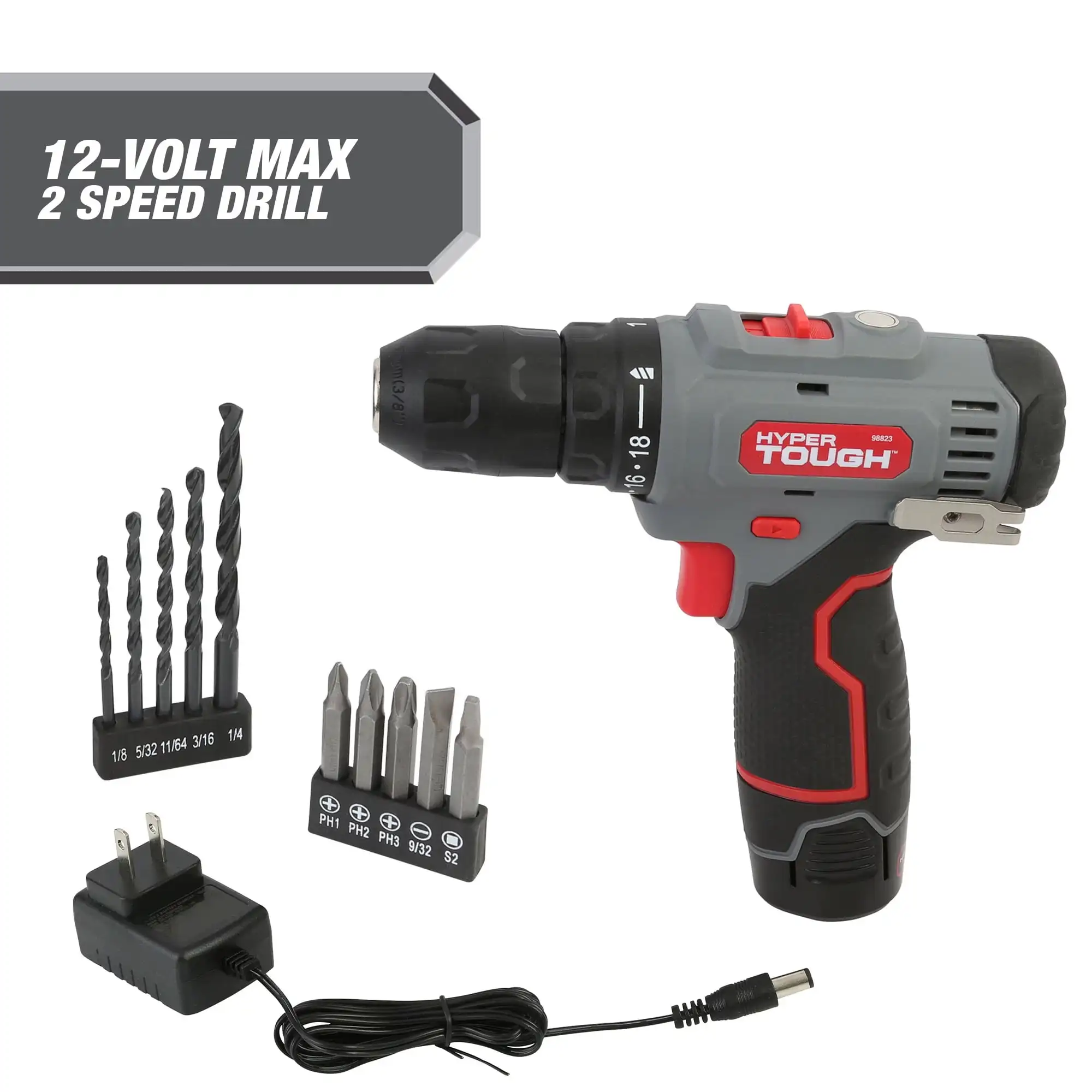 

Hyper Tough 12V Max Lithium-Ion Cordless 2-Speed Drill Driver with 1.5Ah Battery and Charger, Model 98823