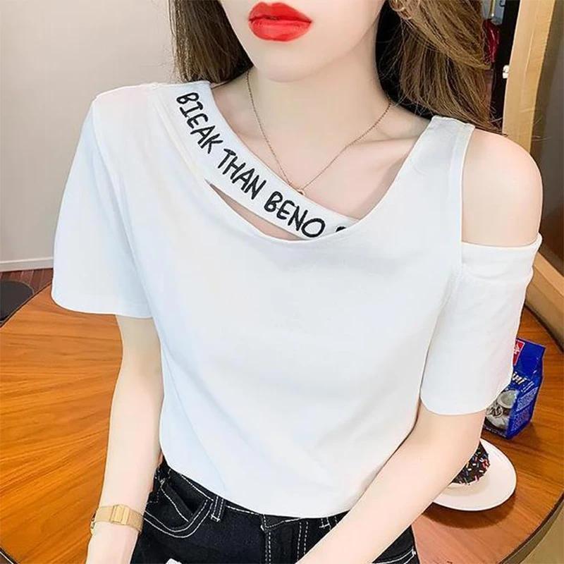 Summer Trend Fashion Letter Printing Hollow Out Diagonal Collar T-shirt Female Short Sleeve Slim Casual Off the Shoulder Tee Top