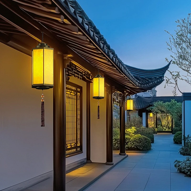 Outdoor chandelier New Chinese lantern imitation marble garden light Eaves corridor door head light Zen B & B hotel decoration