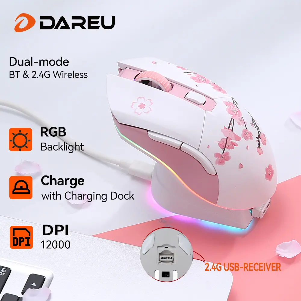 Dareu mouse gamer de modos duplos rgb 2.4g, sem fio, com fio, bateria de recarga de 930mah embutida com conjunto macro para pc e laptop