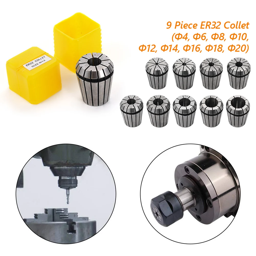ER 32 Set Of Spring Chuck High-Precision 9pcs Machining CNC Woodworking Lathe Suitable For Workshop Enthusiasts To Replace Parts