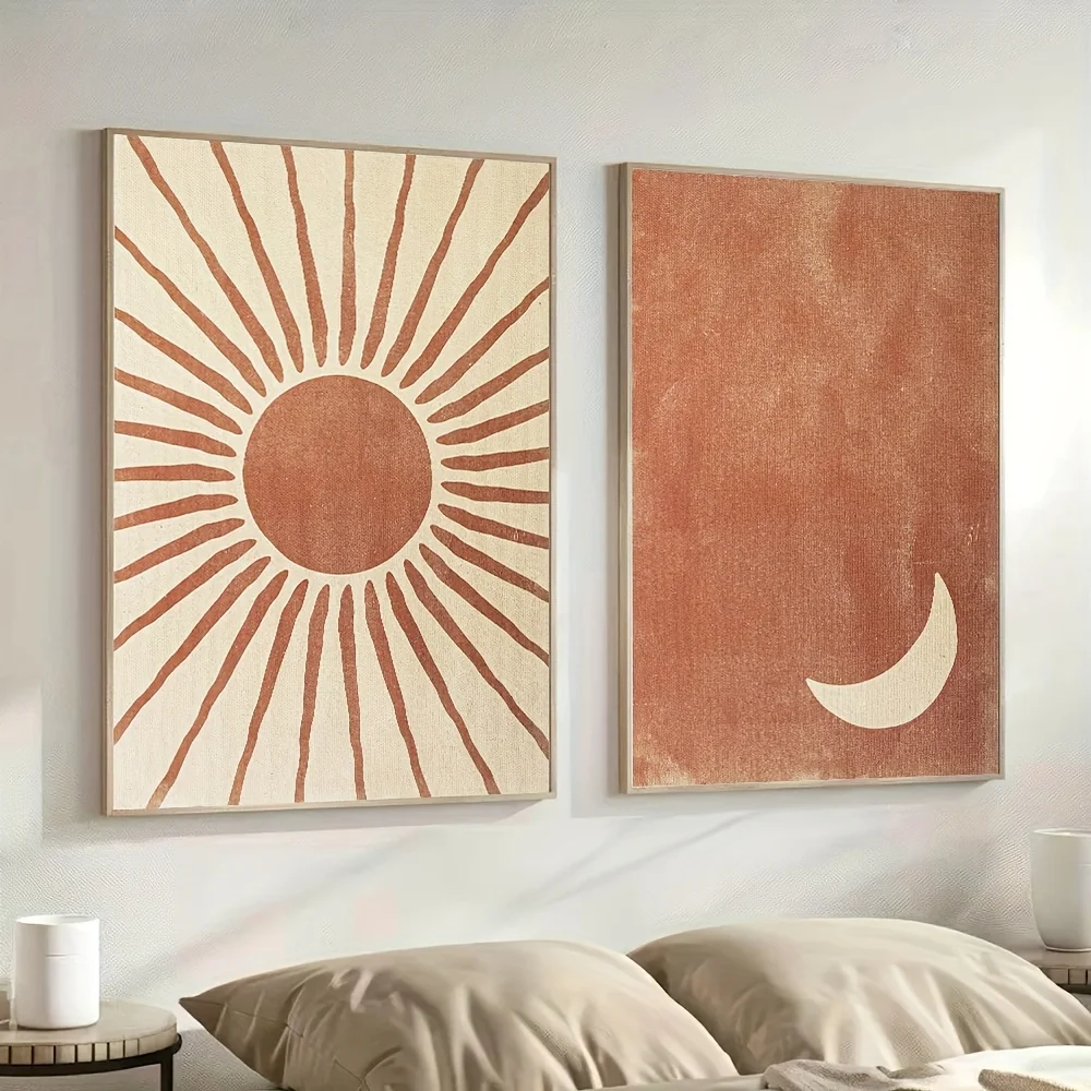 2pcs frameless Canvas Painting 2pcs/set Boho Moon Sun Canvas Print Poster Modern Minimalist Abstract Art Prints Bedroom Wall Art