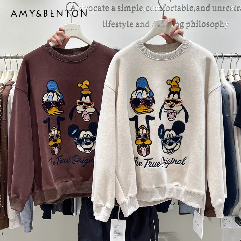 

Long-sleeves Fleece-Lined Crew Neck Sweatshirt For Women's 2025 Autumn Winter Cartoon Youthful Casual Loose Pullover Top Jacket