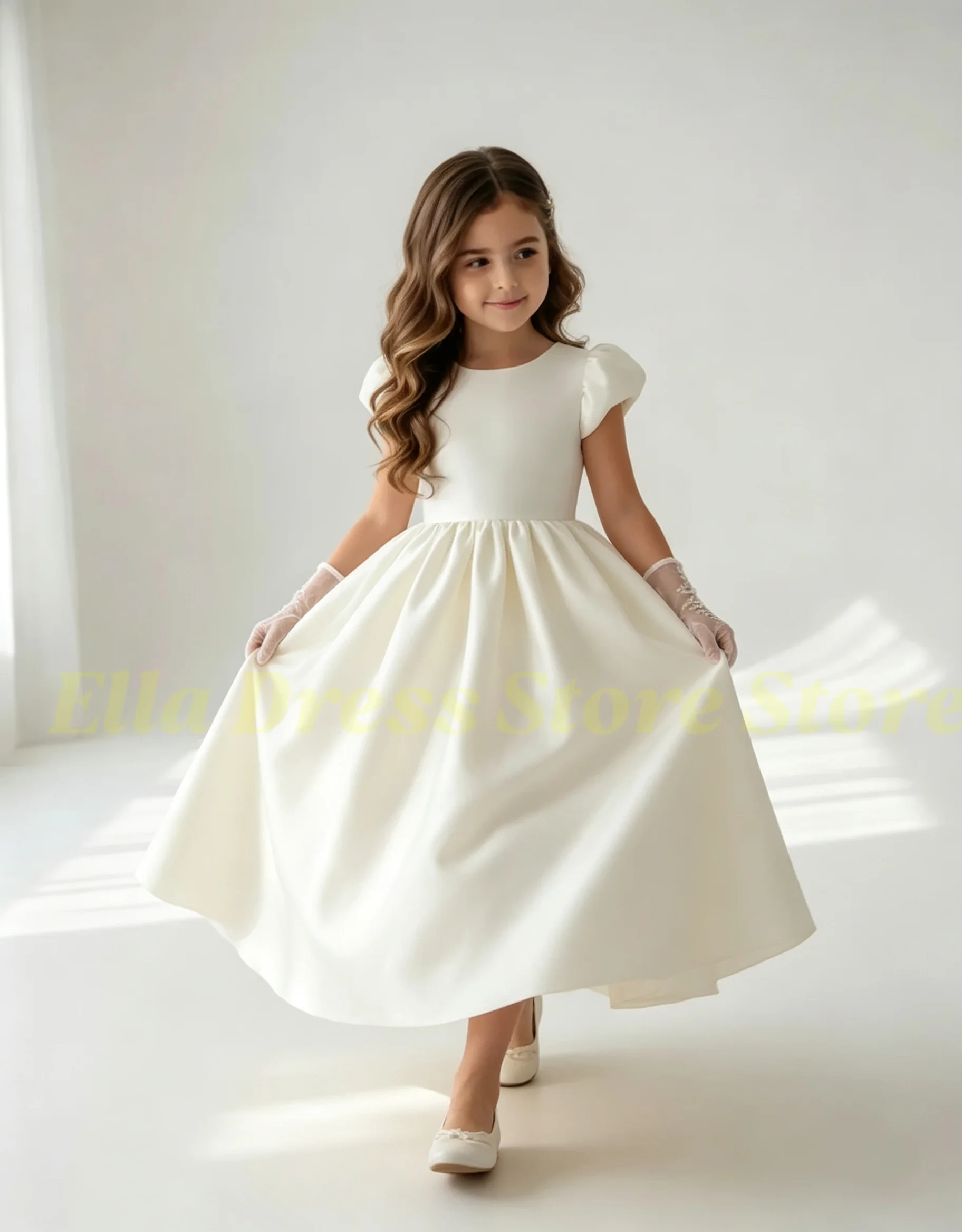 Großhandel Maßgeschneidertes Satin-Kommunionkleid für Mädchen, Kurzarm-Blumenmädchenkleider für Hochzeiten, Bodenlange Prinzessinnen-Formelle Gala-Kleider – Detail 3