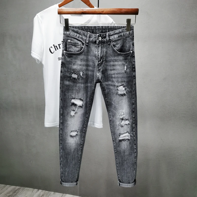 

Summer Thin Patchwork Men's Jeans Trendy Brand Premium Washed Ripped Slim Fit Bootcut Pants Casual Wear Youth Style