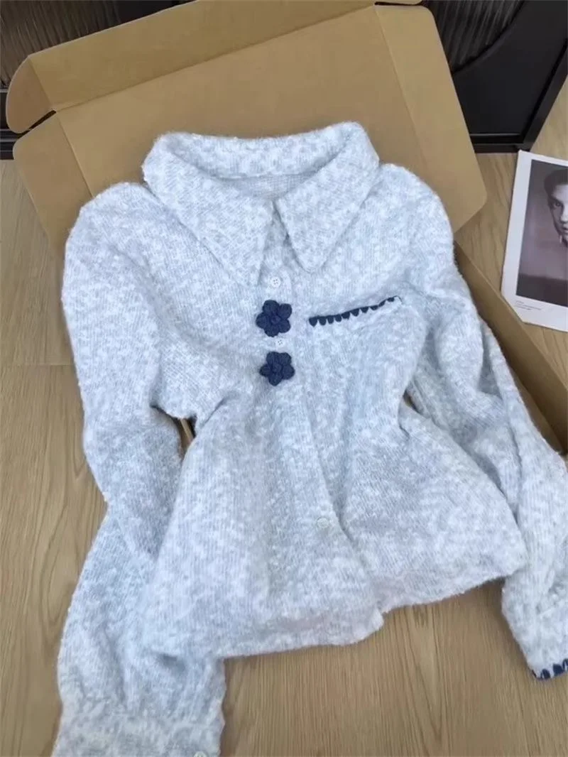 

Женский модный топ Ele Blue с вышивкой, создающий ощущение молодости, новый дизайн 2025 года, длинный рукав, полиэстер