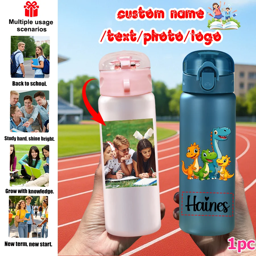 1pc Custom Back to School Yellow Orange Blue Green Dinosaur Pattern 780ml/26oz Plastic Water Bottle Outdoor Travel Sports Cup