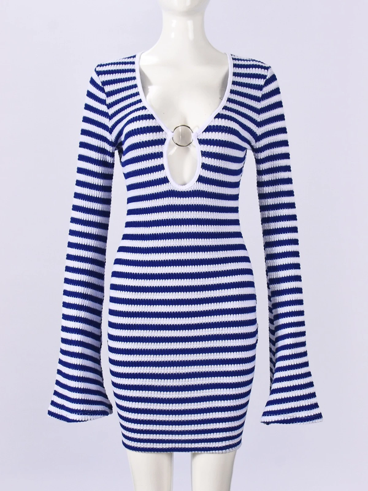 SsTss 2025 otoño nuevo vestido a rayas Y2K vestido ajustado de manga acampanada para mujer con detalle recortado Mini vestido ajustado para fiesta Club