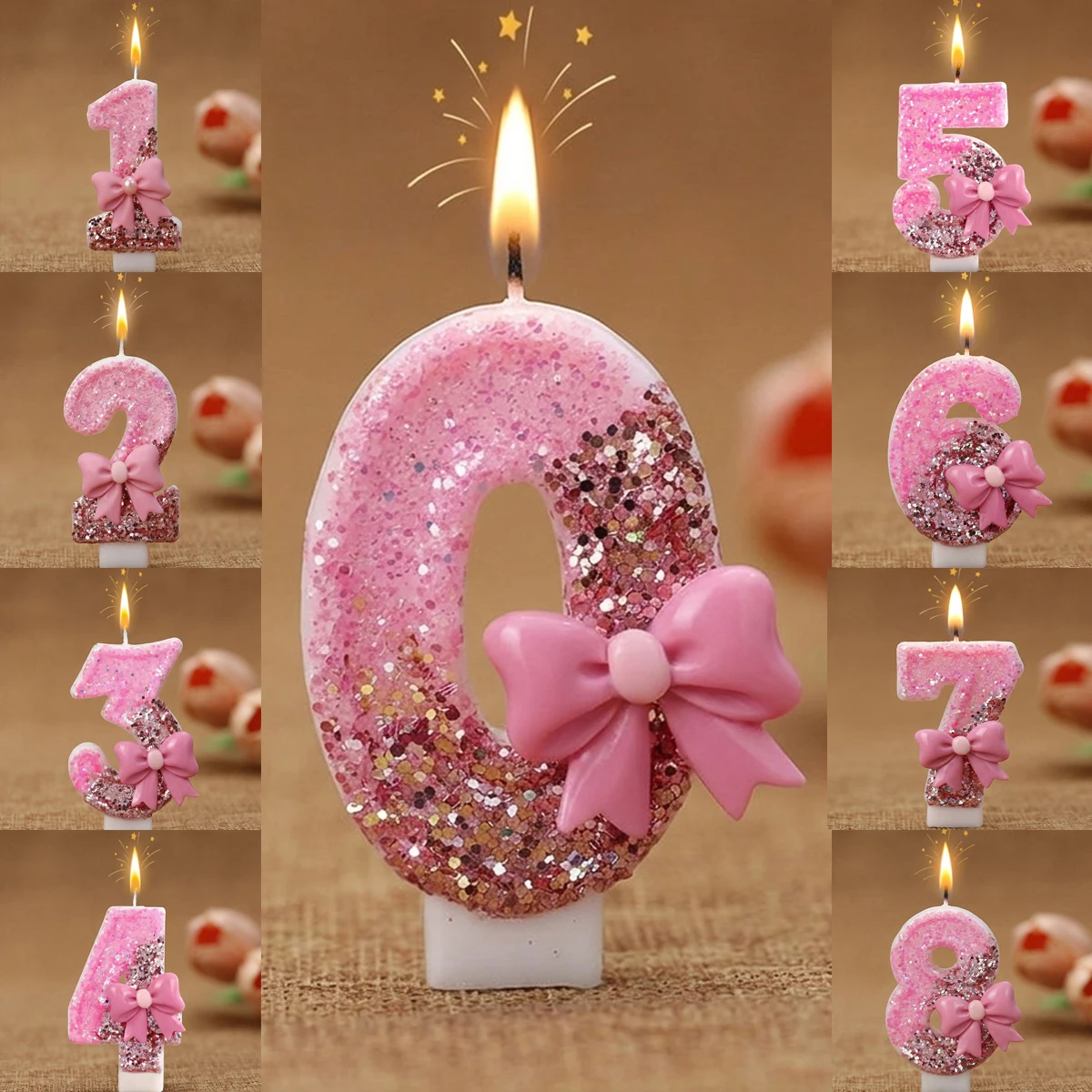 Sweet Berry Star Wishing Bow 0-9 Birthday Candles - Two-Tone Pink Butterfly Cake Decor for Party Anniversary