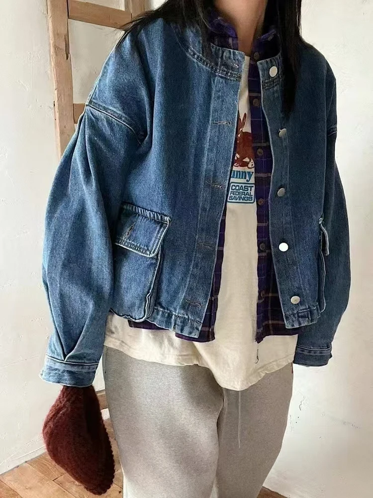 

Loose Fit Women's Denim Jaet Spring Autumn Long Sve Casual Japanese Sle Big ket Open Cardigan ort Coat Commute Sle