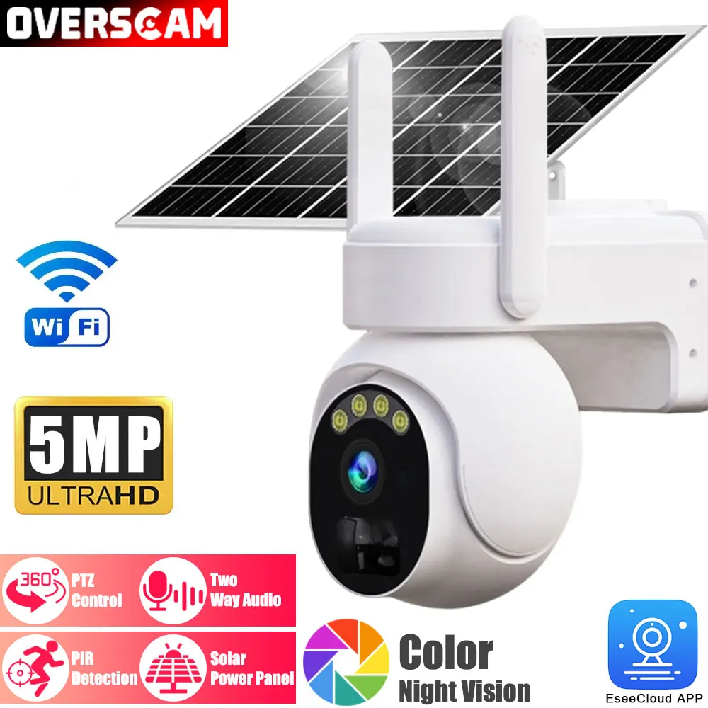 WiFi PTZ Camera Outdoor Wireless Solar IP Camera 5MP HD Built-in Battery Video Surveillance Camera Long Time Standby EseeCloud