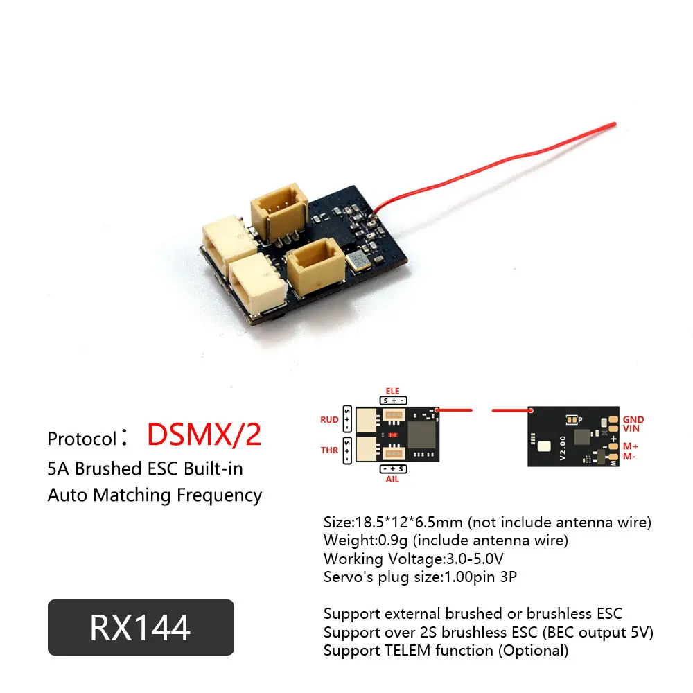 AEORC RX14 Mini Receiver Integrated 5A/1S Brushed ESC for Micro Indoor Airplanes Support S-FHSS DSMX/2 Frsky-D16 TELEM