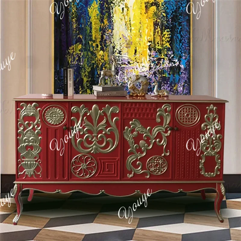 

XS Light Luxury Entrance Cabinet Neoclassical European Solid Wood Carving Flower Dining Side Cabinet Living Room Entrance Foyer