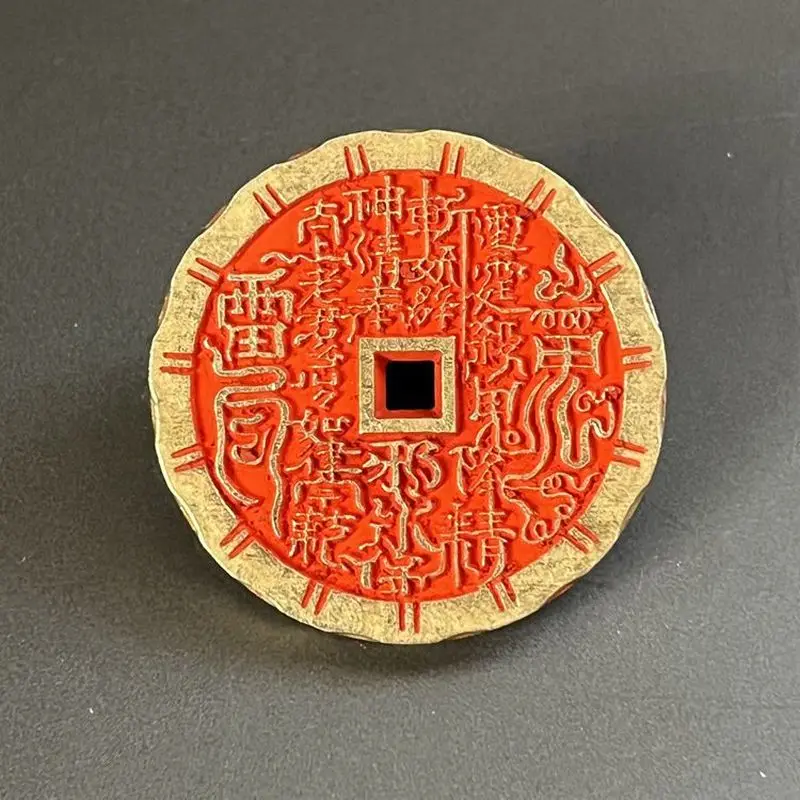 Antique-style small, thickened cinnabar copper coin, featuring the Thunder God, Mountain Ghost, and Eight Trigrams, a decorative