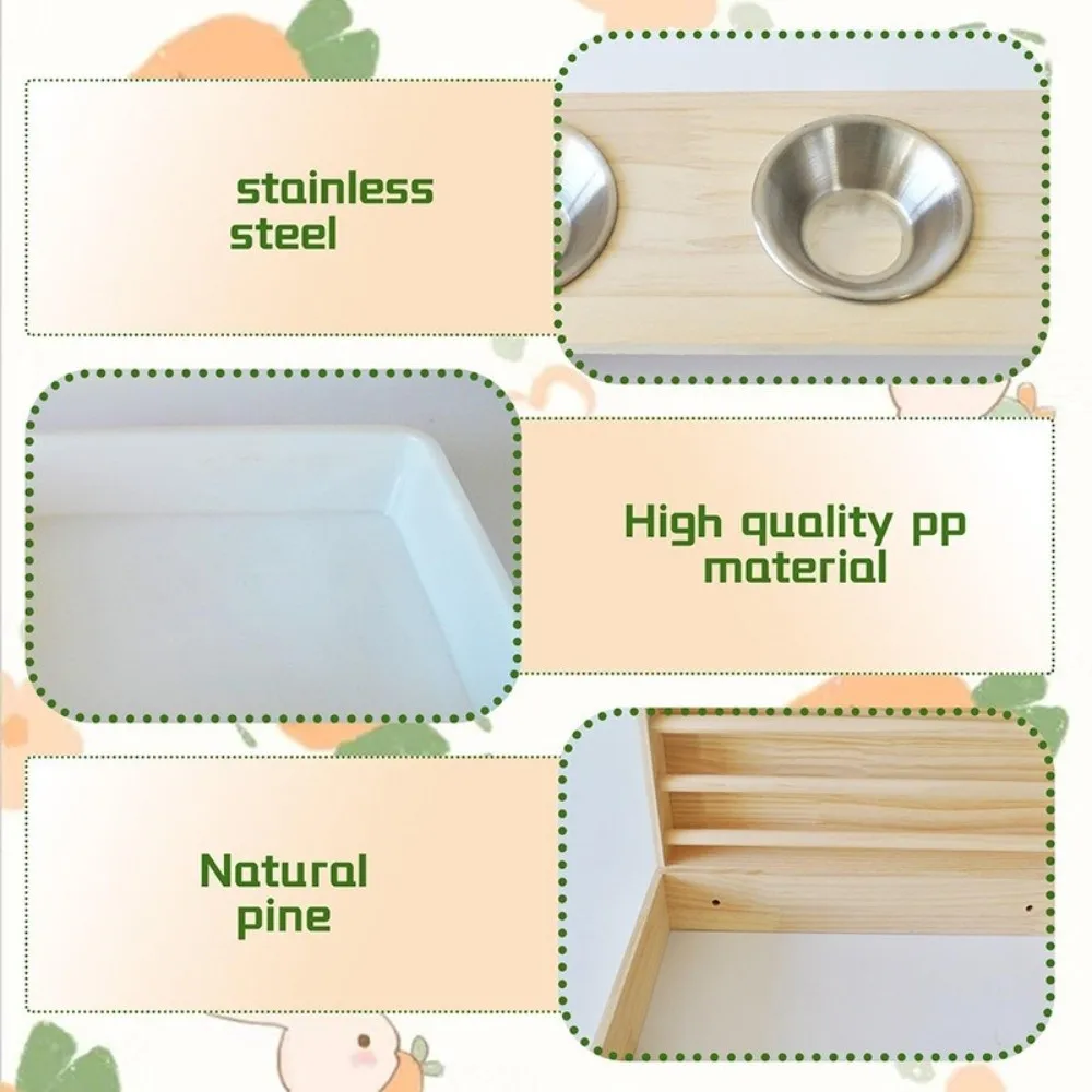 

Multifunctional Rabbit Hay Feeder Wooden 3 in 1 Bunny Feeding Manger with Litter Box Double Basin Hamster Food Dispenser