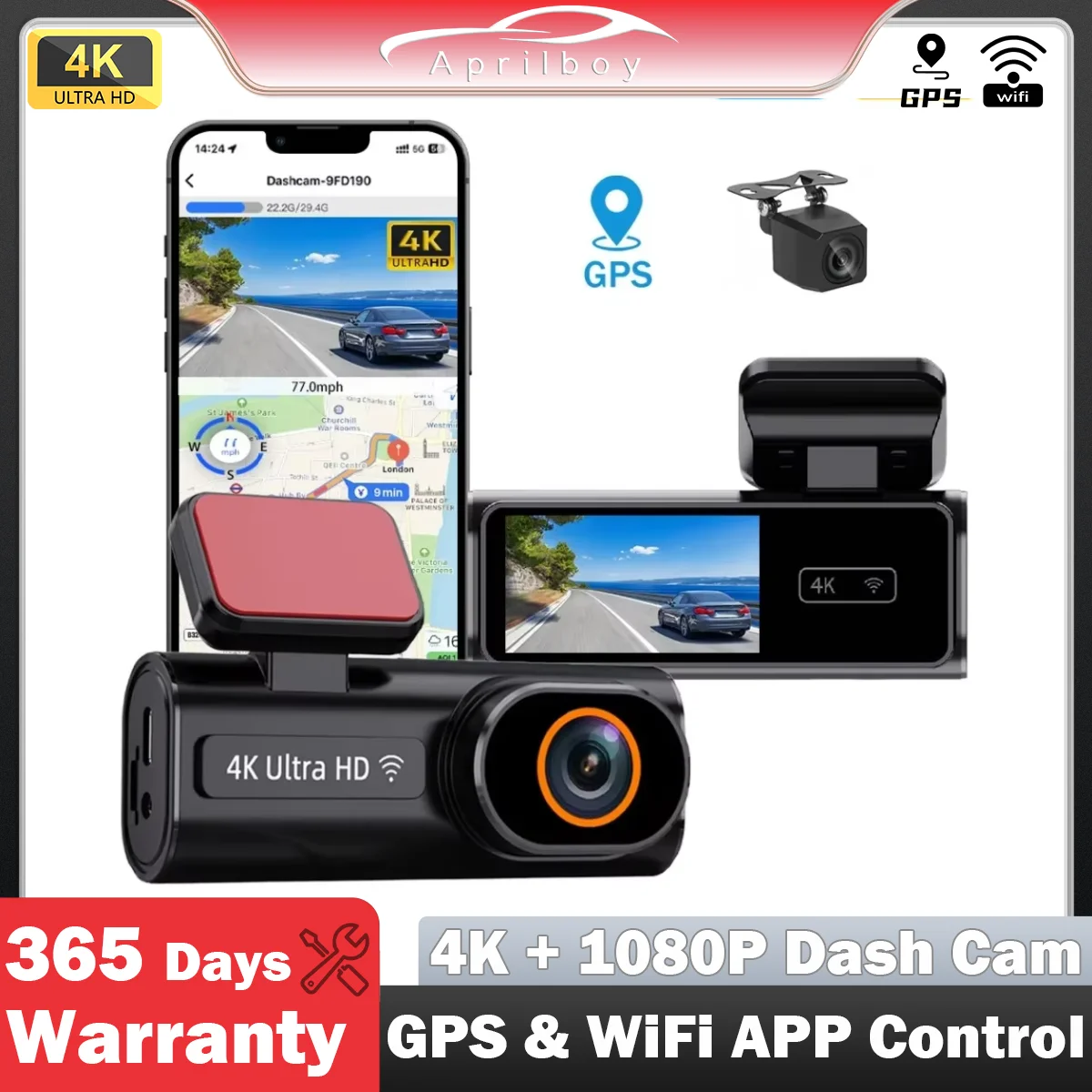 Aprilboy Dash Cam Front 4K And Rear 1080P Dual Lens WiFi GPS Car Camera For 24H Parking Monitor Car DVR Night Vision Recorder