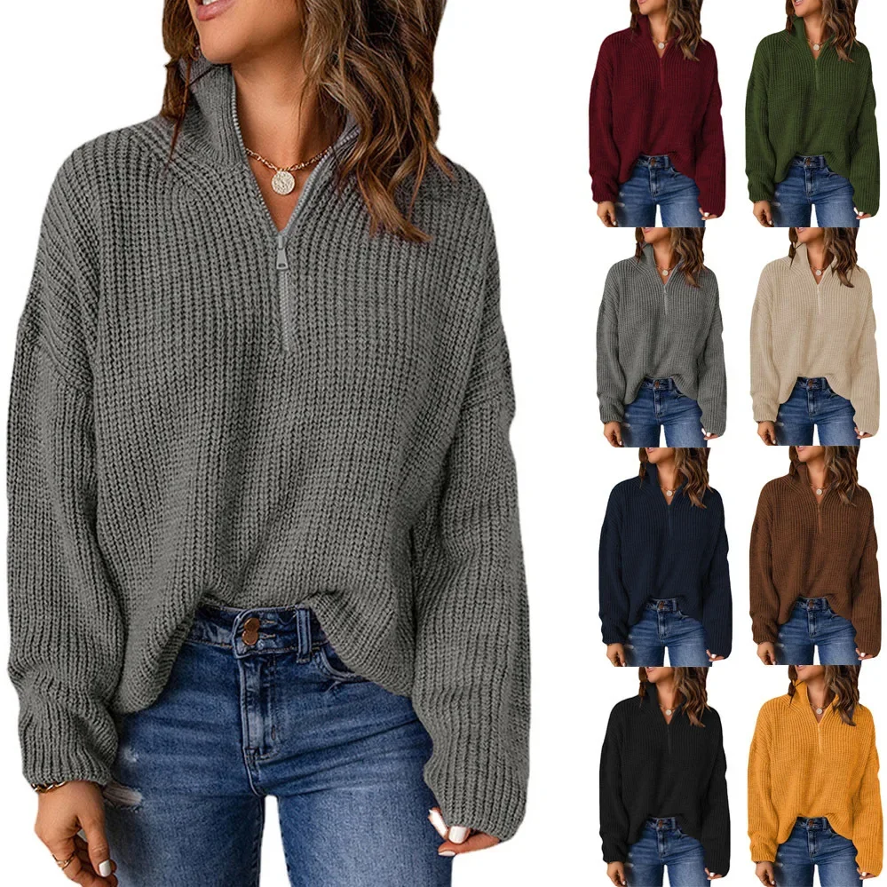 

Women's Turtleneck Zippers Fashion Women Sweaters Solid Green Blue Pullover Long Sleeve Casual Knitted Sweater Woman Winter 2024