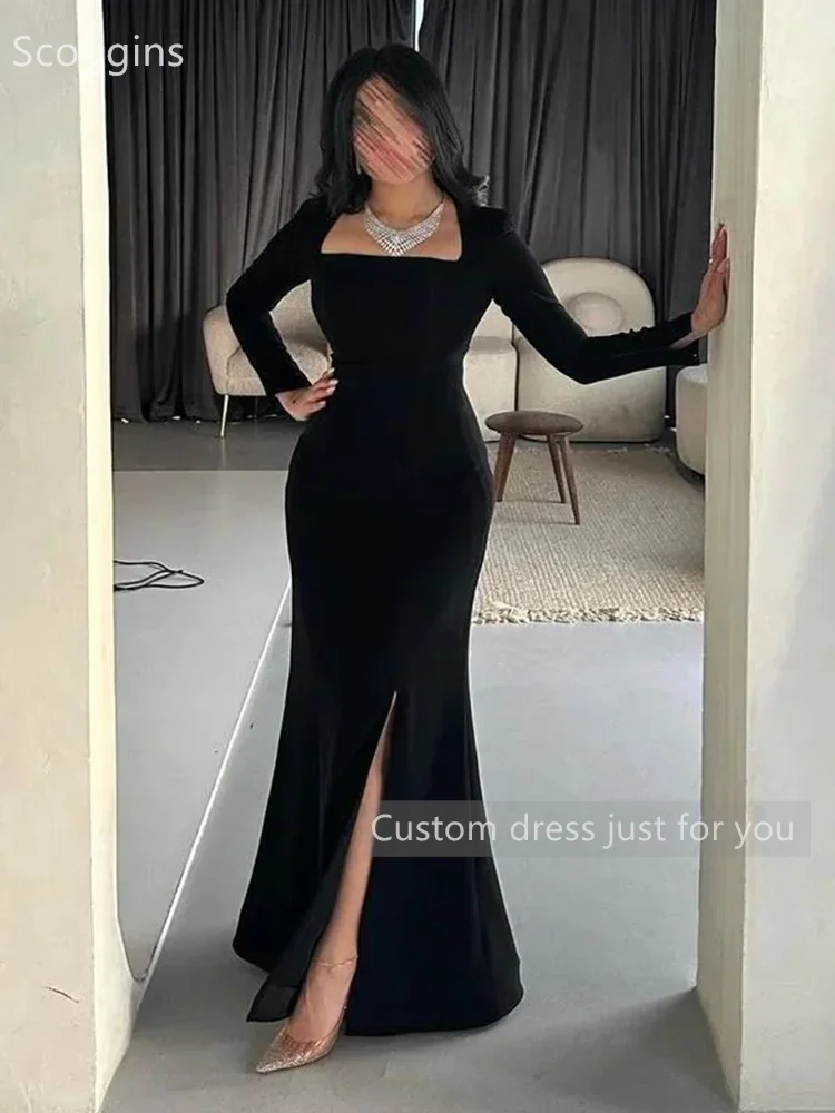 Scoggins فساتين سهرة Customize Evening Dress Mermaid Split Square Neckline Floor-Length Zipper Up Long Sleeves Wedding Dress