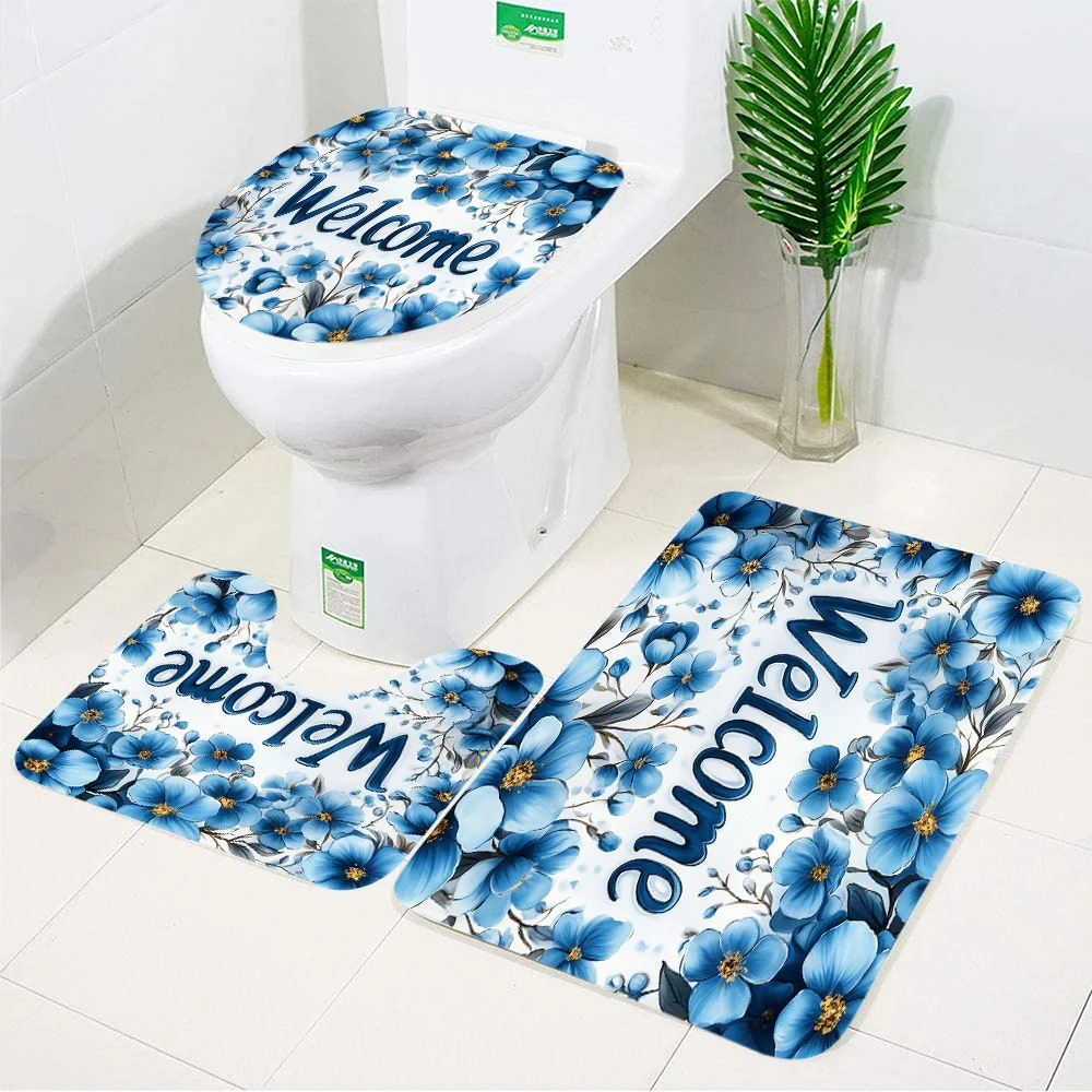 

Blue Floral Bath Mat Set Watercolour Flower Butterfly Plant Home Carpet Doormat Bathroom Decor Floor Rugs U-Mats Toilet Cover