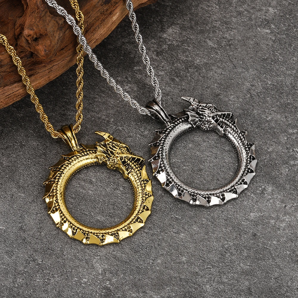 Punk Ouroboros Pendant Necklace Men's Metal Dragon Pendant Hip-Hop Necklace Viking Norwegian Style Party Accessories