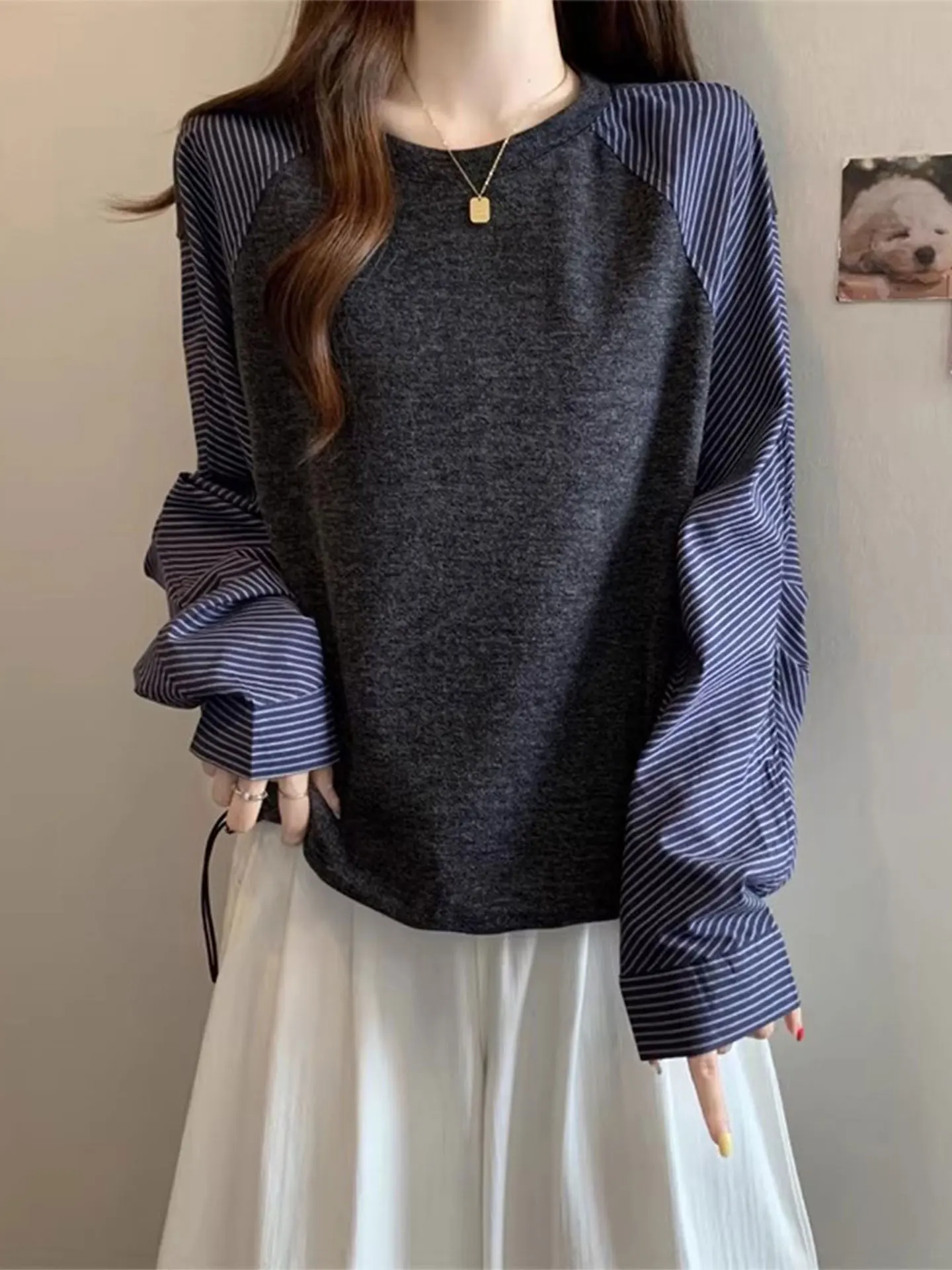 

Striped Patchwork round Ne Long Sve irt Women's plus Size Spring 2026 Casual Sle Comfortable Loose Fit Striped Top