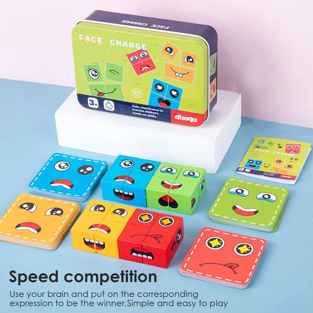 Face Changing Building Blocks Cartoon Cube Board Game Wooden Puzzle Montessori Toy Anxiety Stress Relief Toys For Children Kids