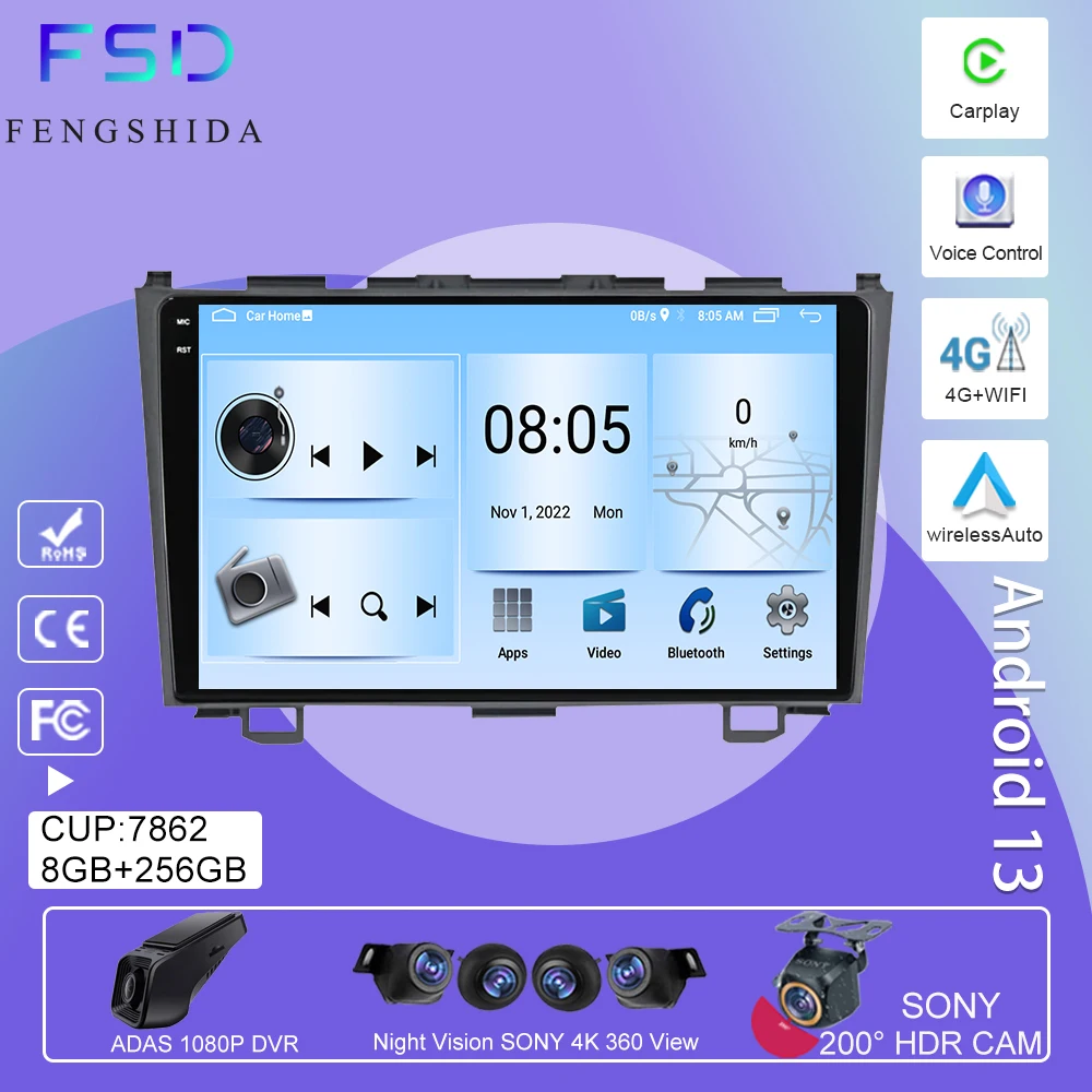 

Android Auto For Honda CRV CR-V 3 2006 - 2009 Multimedia Car Player Autoradio GPS Video Navigation BT HDR QLED Screen Wifi DSP