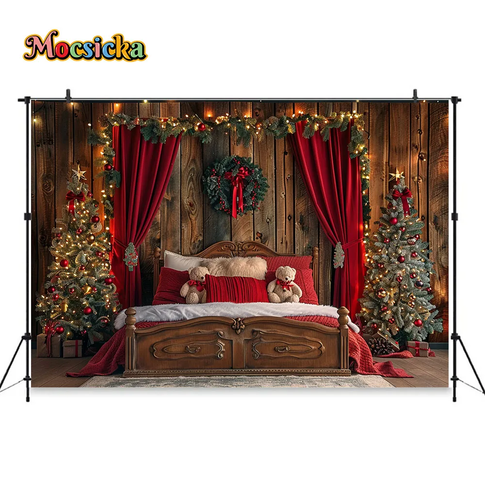 Rustic Headboard Background for Christmas Studio Photography Window Red Curtains Shiny Xmas Tree Backdrop Kids Room Winter Photo