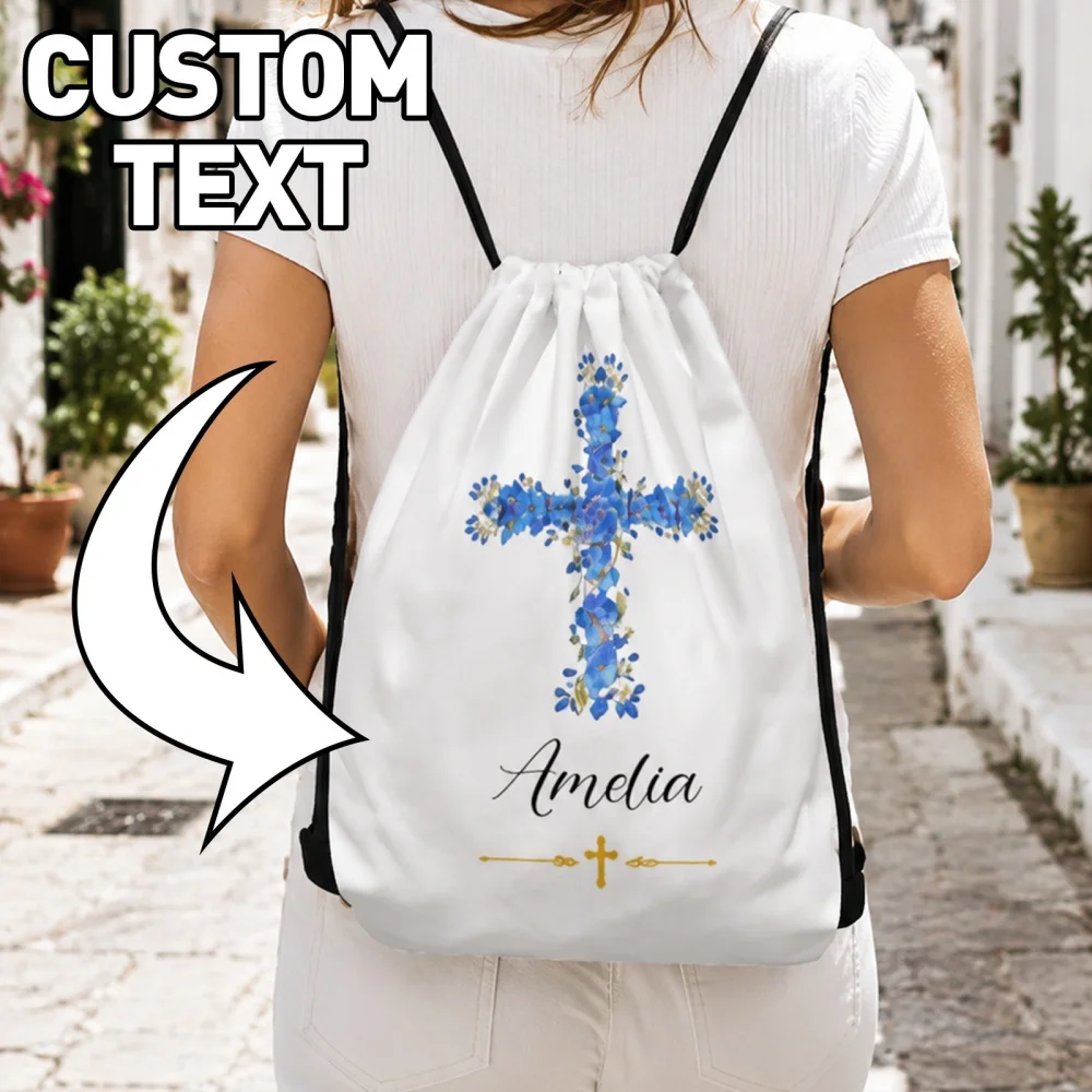 Personalized Blue Floral Cross Drawstring Backpack Custom Name, Drawstring Sack Bag, Baptism Christening Keepsake Gift