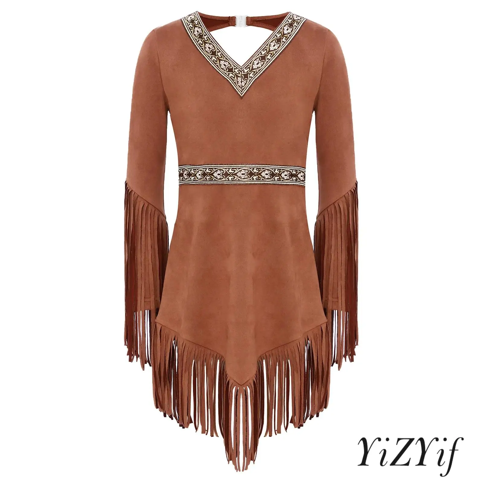 

Kids Girls Native American Cosplay Dress V-Neck Long Fringed Sleeve Back Cut-Out Design Tassel Hem Princess Dress for Fancy Ball
