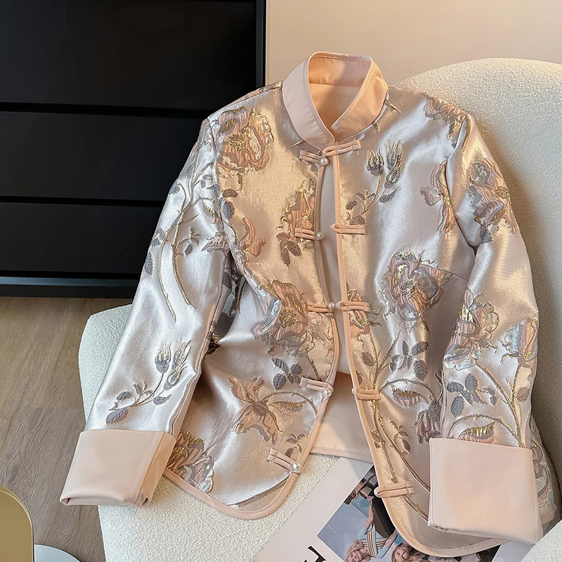 

Chinese Style Women Embroidery Imitation Silk Coat Jacket , Woman Vintage Casual Spring Fall Flower Coats Jackets