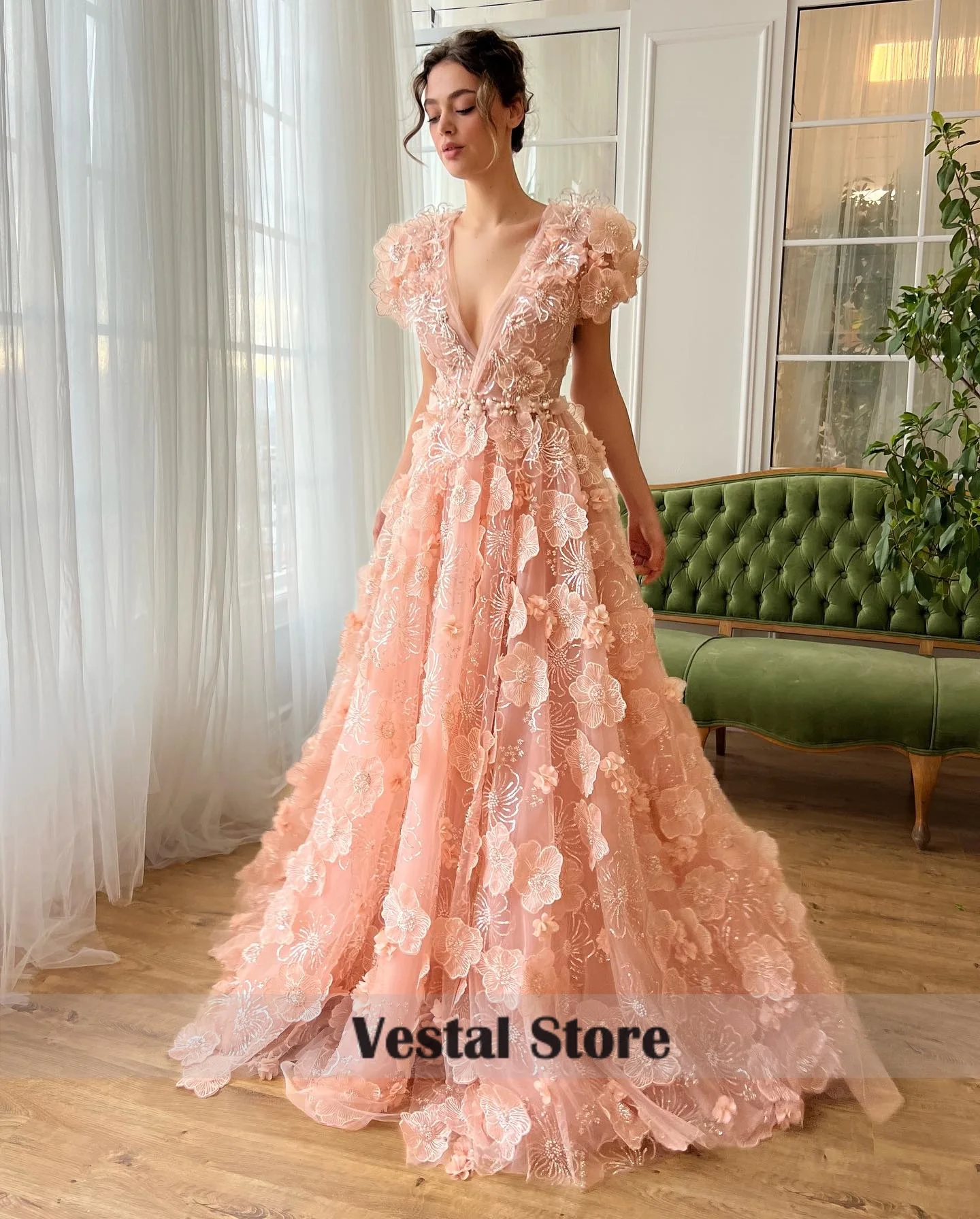 Vestal Pink Puff Short Sleeve Evening Gown Tulle Wedding Dress 3D Floral Appliques Beaded A Line Long  Prom Dress Customized
