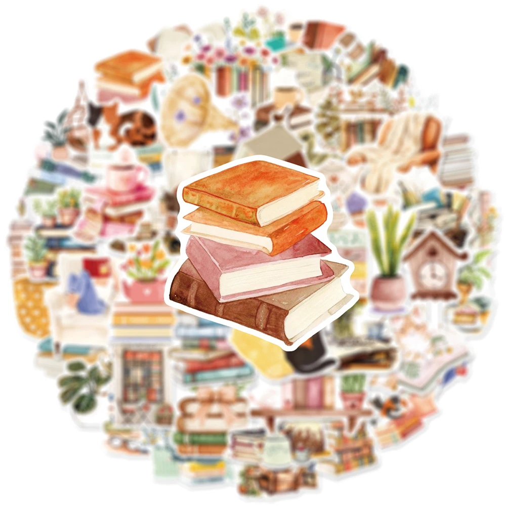 10/30/50pcs Vintage Watercolor Books Reading Stickers Aesthetic Graffiti Decals DIY Notebook Suitcase Laptop Decoration Sticker