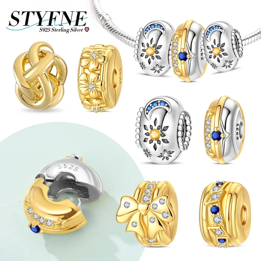 Golden Charms 925 Silver Plated Shiny Zircon Beads Star Moon Infinity Love Bowknot Charms Fit Bracelet Keychain DIY Jewelry Gift