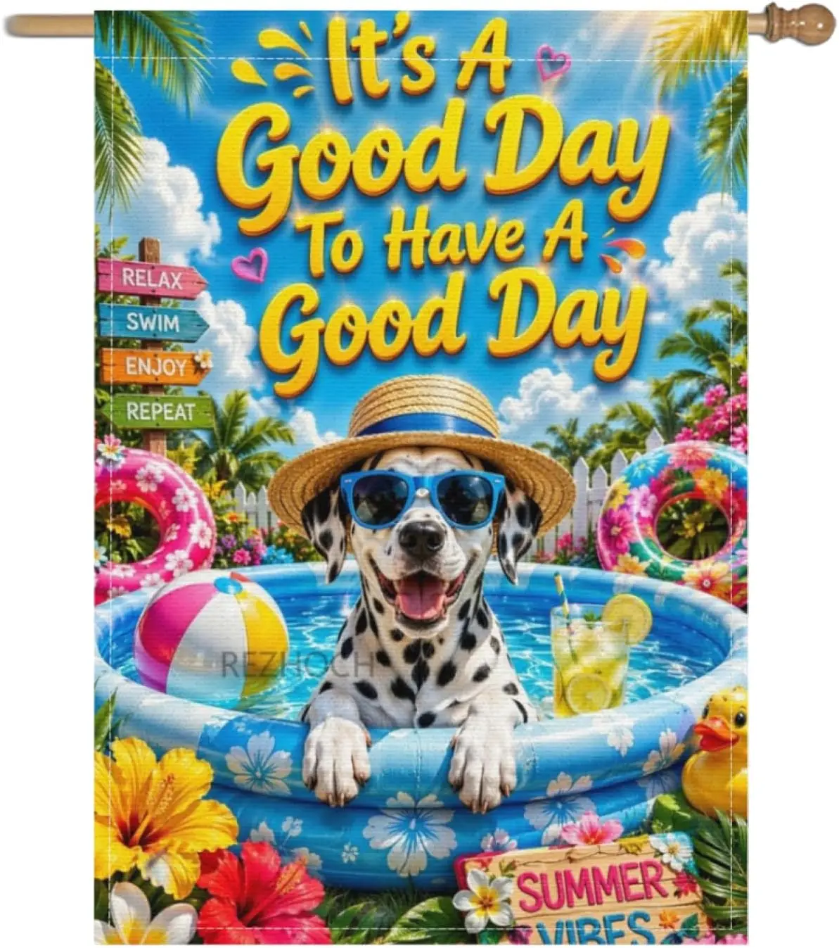 Summer Welcome Garden Flag 28x40Inch,Fun Dalmatian Dog Pool Decor,Cute Animal Tropical Yard Outdoor Colorful Beach Ball Lemo yyi
