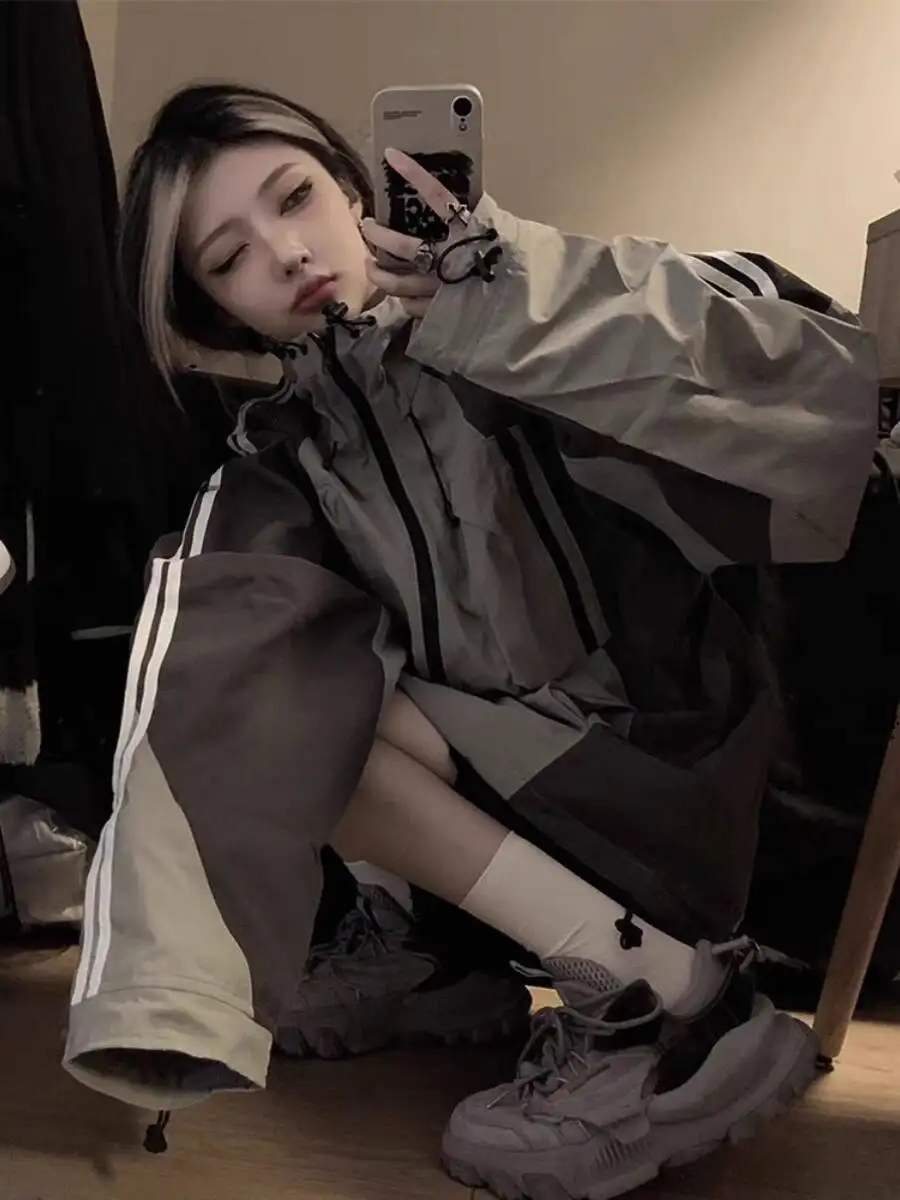 Unisex Spring Autumn Trendy Brand Contrast Color Patchwork Jacket Loose Fashion Techwear Cargo Hooded Windbreaker