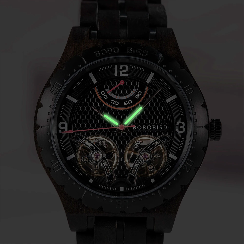 Relógio mecânico masculino de madeira turbilhão duplo bobby, nome personalizado, capa traseira, texto, relógio de pulso automático para homens, dropshipping