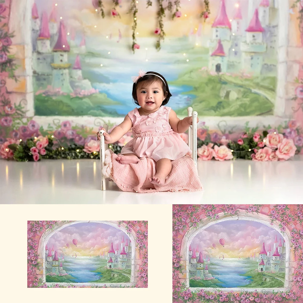 

Mocsicka Outside of Window-Baby Girls Portrait Backdrops Hand Painted Floral Window Castle Background Girls Art Backdrop