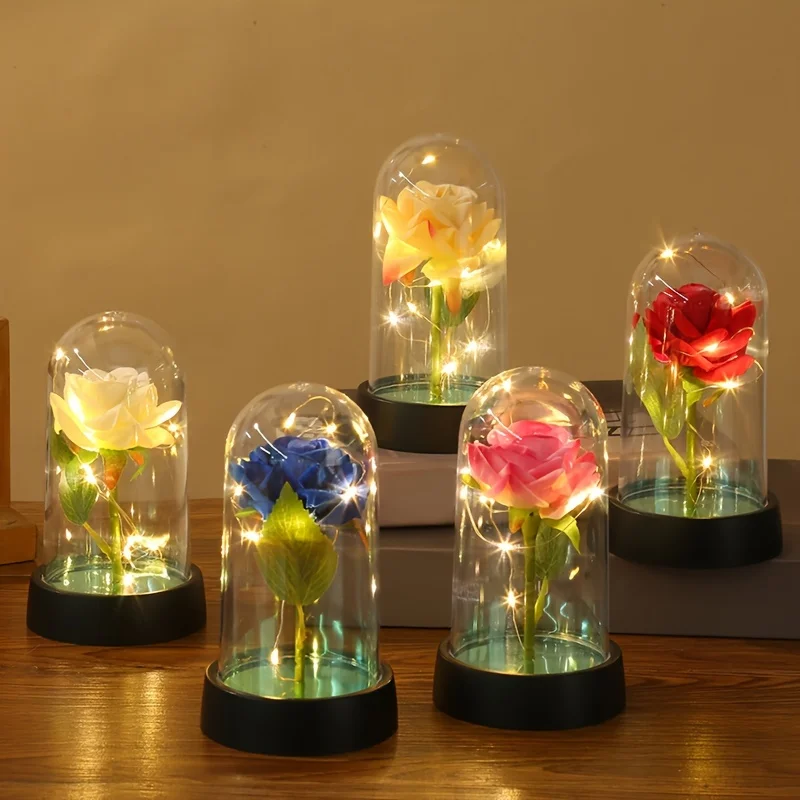 

1PC Dome Rose Glass Lampshade Small Single Cloth Flower Transparent Ornament Artificial Flower Light Romantic High-End Gift