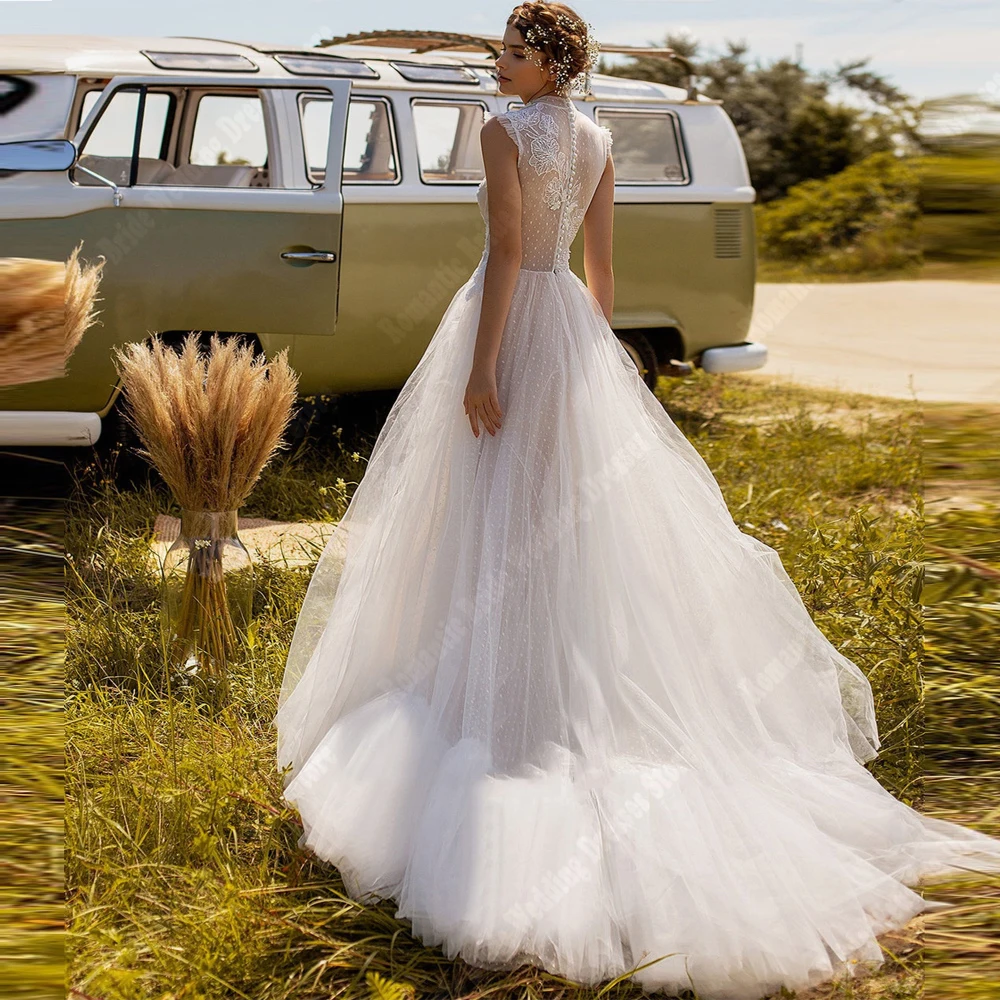 Vestidos De novia bohemios De tul para mujer, línea A, elegantes Vestidos De novia con Apliques De encaje, transparentes, Vestidos De compromiso