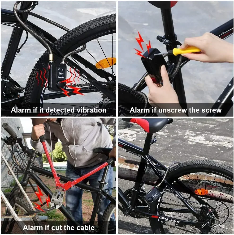 Camluxy bloqueio de alarme de bicicleta 110db segurança inteligente bluetooth controle remoto bloqueio de bicicleta vibração anti-roubo para motor à prova dwaterproof água