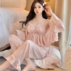 Long Sleeve Pajamas Suit Women Satin Nightwear Sleep Set Spring Autumn New Sleepwear Lingerie Casual Pyjamas Home Clothing