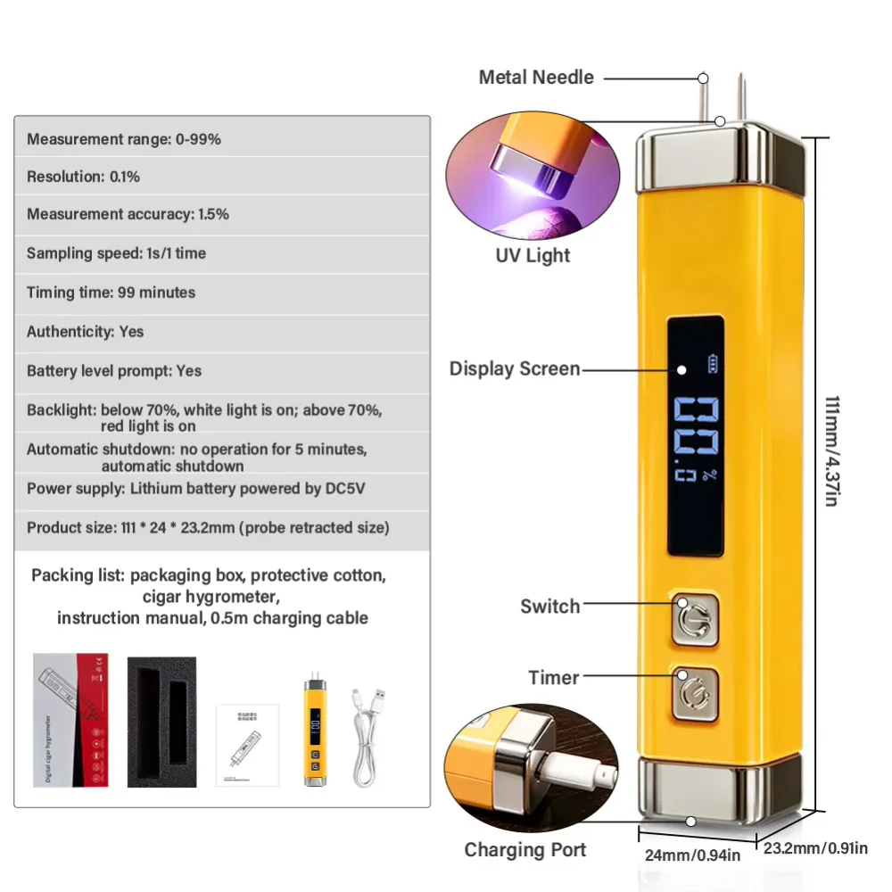 Cigar Humidity Measuring Instrument, Cigar Dual-Mode Temperature and Humidity Meter, Measuring Humidity Probe Tool