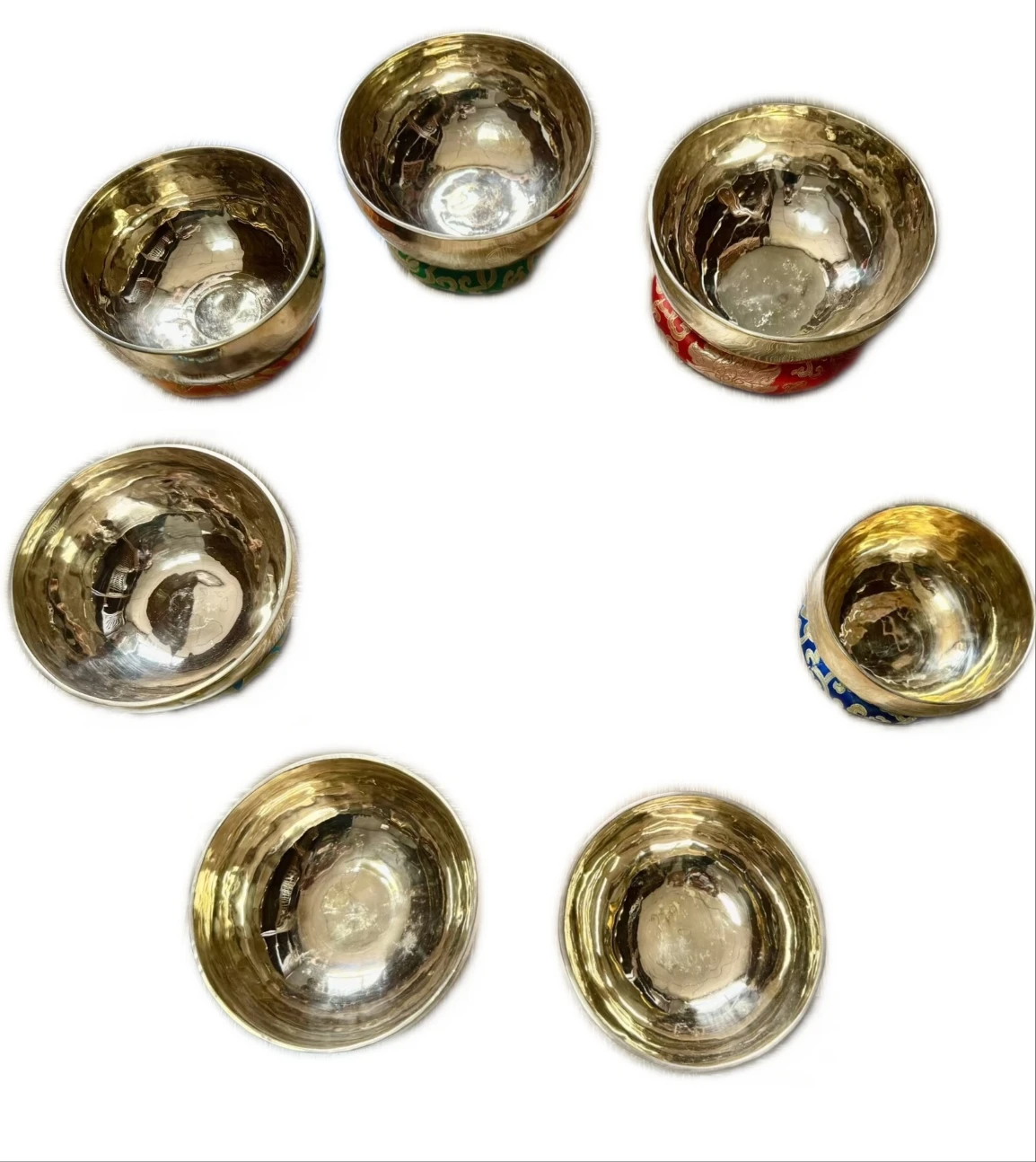 7 PCS 16-26CM Gold Color Sound Healing Instruments Handmade Tibetan Singing Bowls