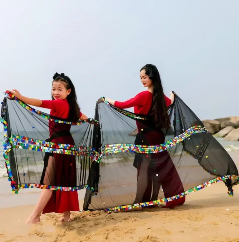 Кинутый шарф для девочек, мама и я, танец живота, шаль Малайя, вуаль с блестками, танцевальные шали, реквизит для сценического шоу, вуаль, аксессуар для танца живота